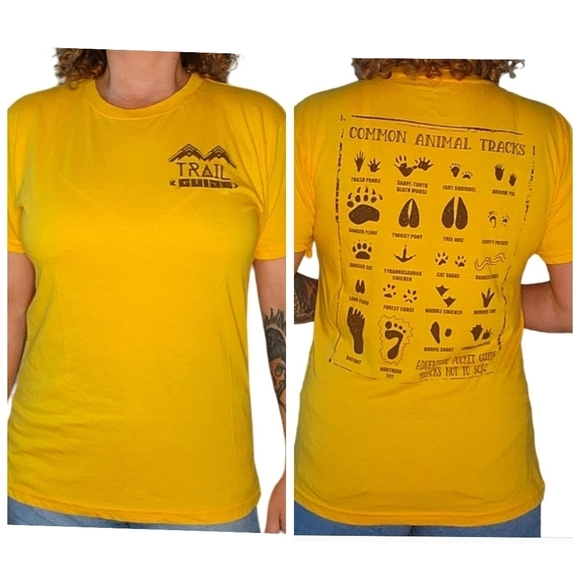 Attic Salt Tops - Attic Salt Size Medium Yellow Print Trail Guide Footprints Short Sleeve T-Shirt